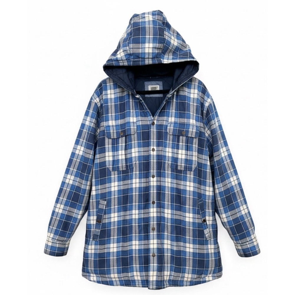 LL Bean Men XXL Quilted Flannel Shirt Jacket Plaid Blue Gorpcore Insulated